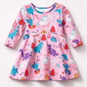 Marie Nicole pink long sleeve unicorn and dinosaur Christmas twirl dress 3-6m